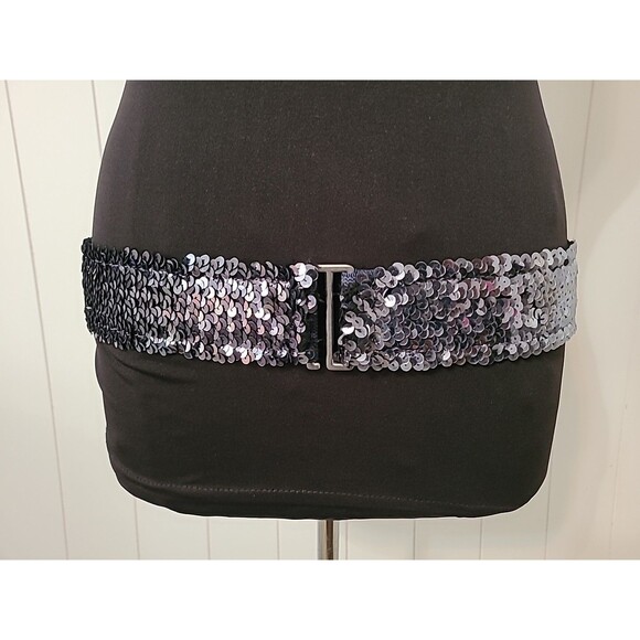 Vintage Sequin Womens Belt Size Large Blue 80s 90s Retro Funky Disco Stretch - Picture 1 of 8